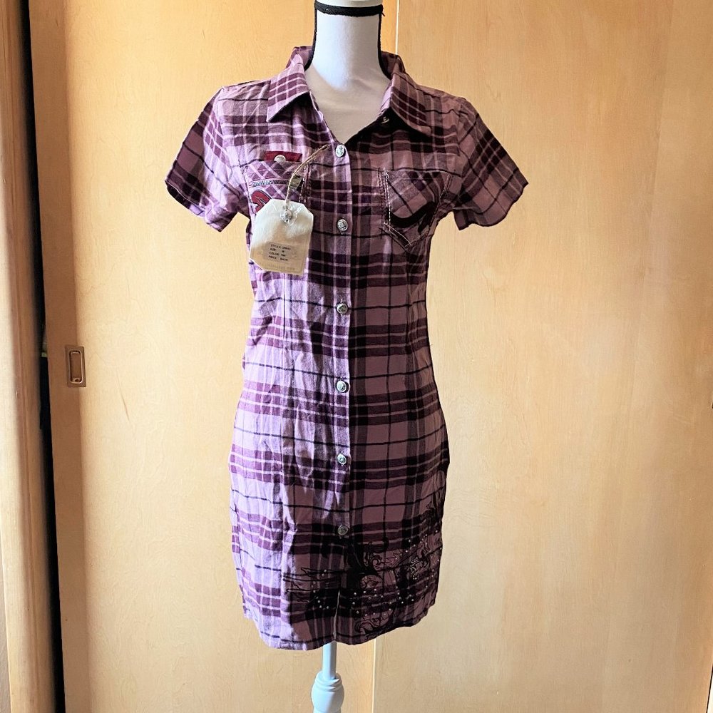 NWT Sz M Sour N Cream Pink Plaid Shirt Dress